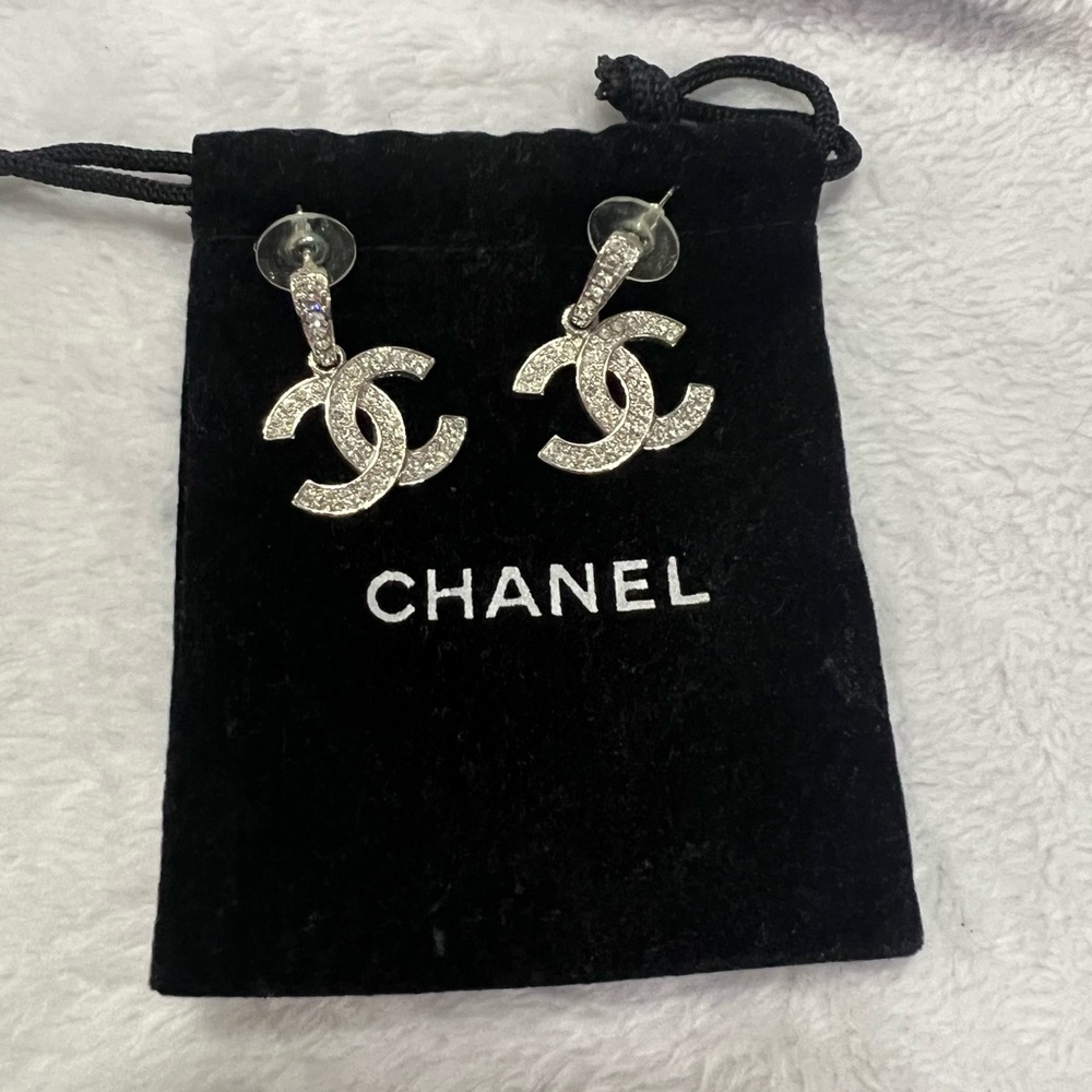 Chanel silver and crystal CC logo drop earrings
